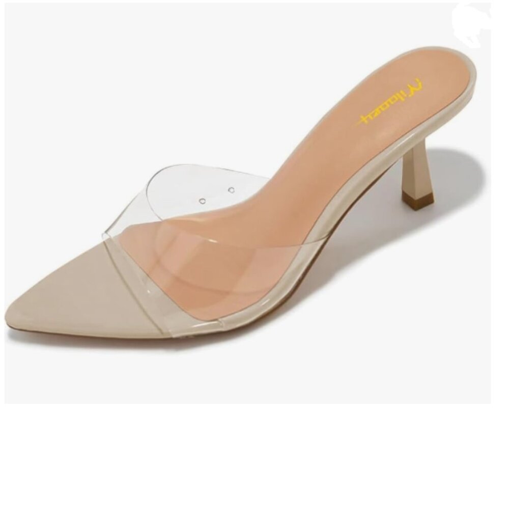 Milooey shoes Beige High Heel Mules Open Pointed Toe Slide Sandals Cute Slippers